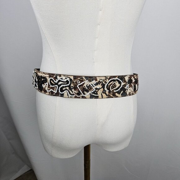 Chicos Small Genuine Leather Belt Aztec Medallion Buckle Brown Beaded - Picture 7 of 15